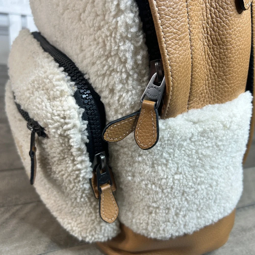 Coach Tan Shearling Motif West Backpack Bag CE437 Ginger Pebble Leather
